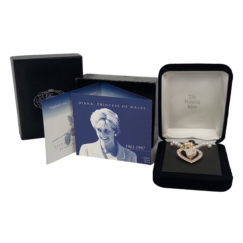 Franklin Mint Princess Diana England Rose Pearl Diamond Pendant Necklace Box Vtg